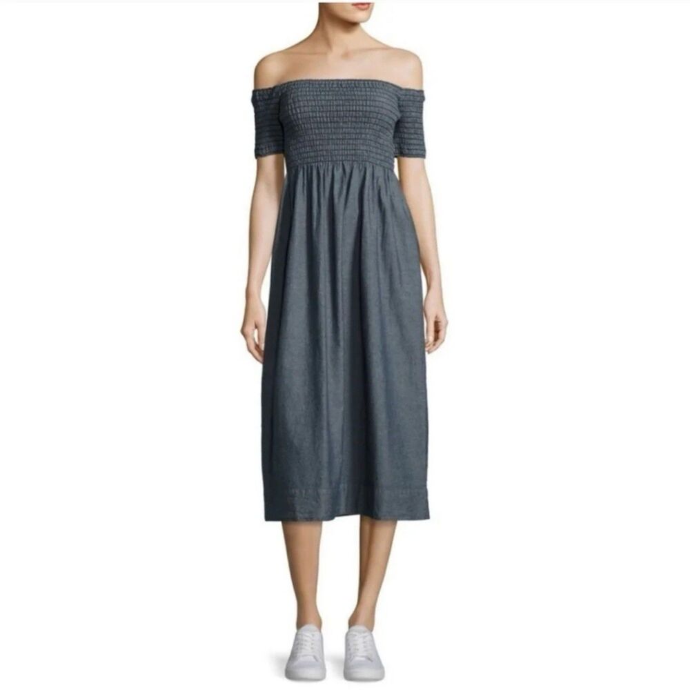 THE GREAT Carnival Off Shoulder Denim Dress Smocked 100% Cotton S Cottagecore